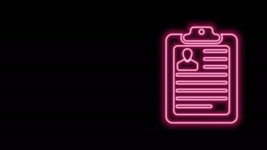Siyah arkaplanda özgeçmiş simgesi izole edilmiş parlak neon çizgi panosu. Özgeçmiş başvurusu. Müfredat vitae, profil fotoğraflı iş başvuru formu. 4K Video hareketli grafik canlandırması