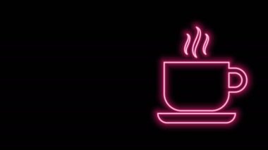 Parlayan neon hattı kahve fincanı simgesi siyah arka planda izole edilmiş. Çay fincanı. Sıcak içecek kahvesi. 4K Video hareketli grafik canlandırması