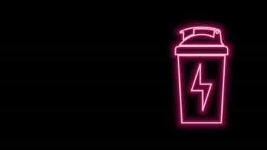 Parlayan neon hattı fitness karıştırıcı simgesi siyah arkaplanda izole edildi. Su ve protein kokteylleri için kapaklı spor karıştırıcı şişesi. 4K Video hareketli grafik canlandırması