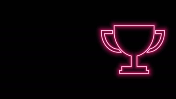 ネオンラインの輝き黒の背景に隔離されたトロフィーカップアイコン。賞のシンボル。チャンピオンカップのアイコン。4Kビデオモーショングラフィックアニメーション — ストック動画