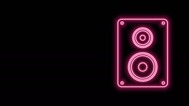 Zářící neonová čára Ikona reproduktoru Stereo izolovaná na černém pozadí. Reproduktory zvukového systému. Hudební ikona. Hudební sloupek reproduktor basové vybavení. Grafická animace pohybu videa 4K — Stock video