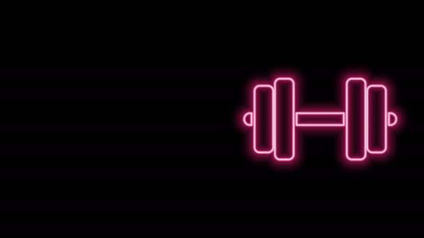 Linha de néon brilhante Ícone de halteres isolado no fundo preto. Muscle lifting, fitness barbell, ginásio, símbolo de equipamento desportivo, bumbbell exercício. Animação gráfica em movimento de vídeo 4K — Vídeo de Stock