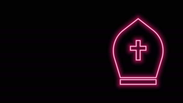 Glowing neon line Pope hat icon isolated on black background. Christian hat sign. 4K Video motion graphic animation — Stock Video