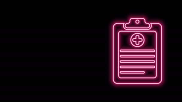 Glödande neon line Medicinsk urklipp med klinisk post ikon isolerad på svart bakgrund. Sjukförsäkringsformulär. Läkarkontroll rapport. 4K Video motion grafisk animation — Stockvideo