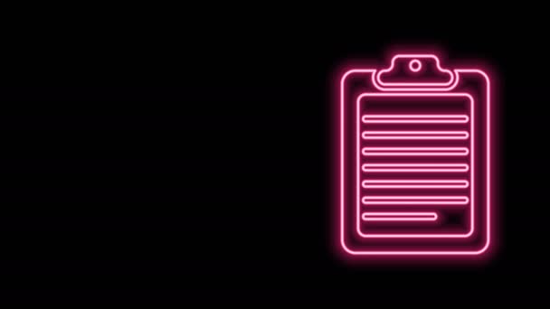 Glowing neon line Clipboard dengan ikon dokumen terisolasi pada latar belakang hitam. Animasi grafis gerak Video 4K — Stok Video