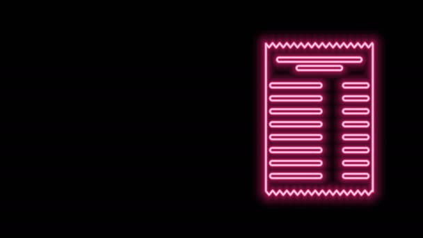 Gloeiende neon lijn Papieren controle en financiële controle pictogram geïsoleerd op zwarte achtergrond. Cheque van de papieren afdruk, winkelbon of factuur. 4K Video motion grafische animatie — Stockvideo