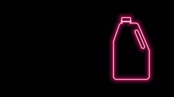 Świecące neon linii chemikaliów domowych butelki ikona izolowane na czarnym tle. Płynny detergent lub mydło, odplamiacz, wybielacz do prania. 4K Animacja graficzna ruchu wideo — Wideo stockowe