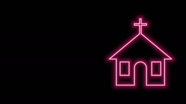 Glödande neon line kyrka byggnad ikon isolerad på svart bakgrund. Kristna kyrkan. Kyrkans religion. 4K Video motion grafisk animation — Stockvideo