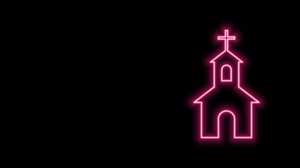 Świecąca neonowa linia Ikona budynku kościoła izolowana na czarnym tle. Kościół chrześcijański. Religia kościoła. 4K Animacja graficzna ruchu wideo — Wideo stockowe