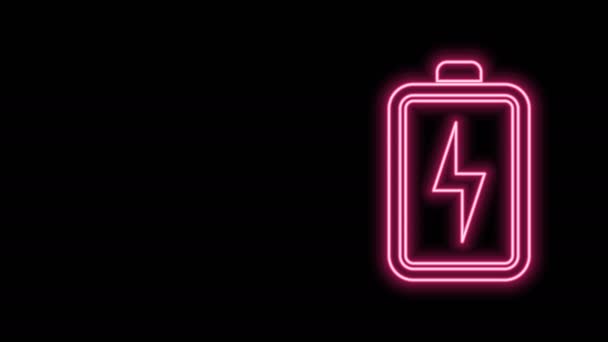 Gloeiende neon lijn Batterij pictogram geïsoleerd op zwarte achtergrond. Bliksemschicht symbool. 4K Video motion grafische animatie — Stockvideo