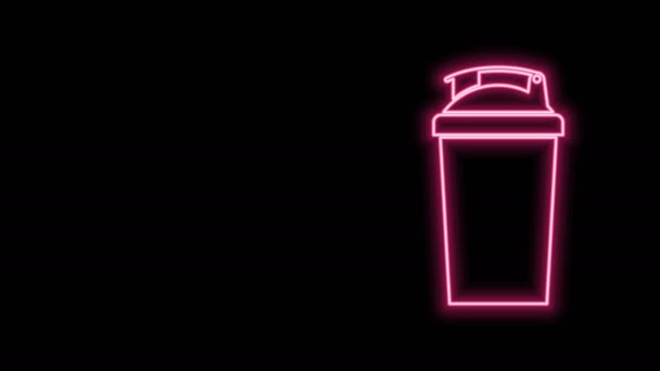 Linha de néon brilhante ícone agitador Fitness isolado no fundo preto. Garrafa de shaker esportivo com tampa para coquetéis de água e proteína. Animação gráfica em movimento de vídeo 4K — Vídeo de Stock