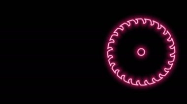 Parlak neon çizgisi. Siyah arka planda bulunan testere ucu simgesi. Testere tekerleği. 4K Video hareketli grafik canlandırması