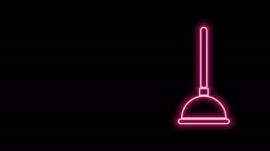 Siyah arka planda izole edilmiş boru temizleme ikonu için ahşap saplı parlak neon çizgisi kauçuk pompası. Tuvalet pompası. 4K Video hareketli grafik canlandırması