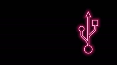Parlayan neon hattı USB simgesi siyah arkaplanda izole edildi. 4K Video hareketli grafik canlandırması