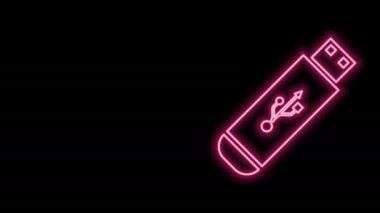 Parlayan neon hattı USB flash disk simgesi siyah arkaplanda izole edildi. 4K Video hareketli grafik canlandırması