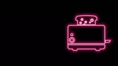 Siyah arkaplanda izole edilmiş tost simgesiyle parlayan neon hattı tost makinesi. 4K Video hareketli grafik canlandırması