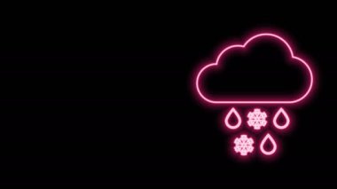 Siyah zemin üzerinde kar ve yağmur ikonu olan parlak neon çizgisi. Hava durumu simgesi. 4K Video hareketli grafik canlandırması