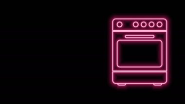 Parlayan neon hattı fırın simgesi siyah arkaplanda izole edildi. Fırın tabelası. 4K Video hareketli grafik canlandırması