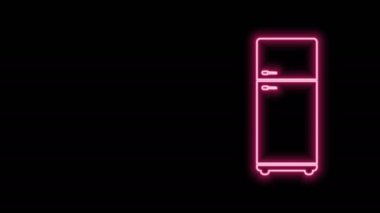Parlayan neon hattı buzdolabı simgesi siyah arkaplanda izole edildi. Buzdolabı buzdolabı. Ev aletleri ve aletler. 4K Video hareketli grafik canlandırması