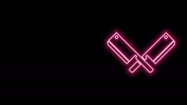 Parlayan neon hattı siyah arka planda izole edilmiş et helikopter simgesini geçti. Et için mutfak bıçağı. Kasap bıçağı. 4K Video hareketli grafik canlandırması