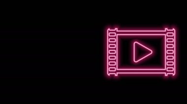 Parlayan neon hattı Play Video simgesi siyah arkaplanda izole edildi. Oyun işaretli film şeridi. 4K Video hareketli grafik canlandırması