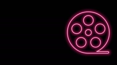 Parlayan neon hattı film makarası simgesi siyah arkaplanda izole edildi. 4K Video hareketli grafik canlandırması