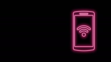 Siyah arkaplanda izole edilmiş ücretsiz kablosuz bağlantı ikonu olan parlak neon hattı akıllı telefon. Kablosuz teknoloji, ağ, sıcak nokta kavramları. 4K Video hareketli grafik canlandırması