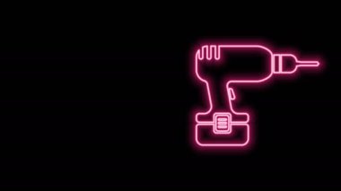 Parlayan neon hattı Drill makinesi simgesi siyah arkaplanda izole edildi. 4K Video hareketli grafik canlandırması