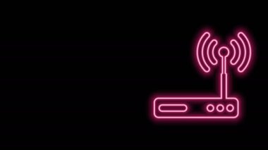 Parlayan neon hat Router ve kablosuz bağlantı sembolü simgesi siyah arkaplanda izole edildi. Kablosuz ethernet modem yönlendirici. Bilgisayar teknolojisi interneti. 4K Video hareketli grafik canlandırması