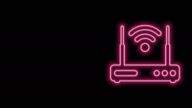 Parlayan neon hat Router ve kablosuz bağlantı sembolü simgesi siyah arkaplanda izole edildi. Kablosuz ethernet modem yönlendirici. Bilgisayar teknolojisi interneti. 4K Video hareketli grafik canlandırması