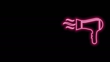 Parlayan neon hattı saç kurutma ikonu siyah arkaplanda izole edildi. Saç kurutma makinesi tabelası. Saç kurutma sembolü. Sıcak hava üflüyor. 4K Video hareketli grafik canlandırması
