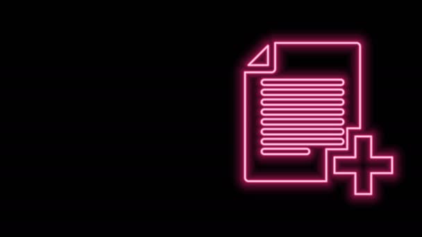 Zářící neonová čára Přidat novou ikonu souboru izolovanou na černém pozadí. Ikona kopírování dokumentu. Grafická animace pohybu videa 4K — Stock video