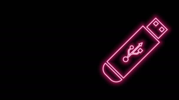 Gloeiende neon lijn USB flash drive icoon geïsoleerd op zwarte achtergrond. 4K Video motion grafische animatie — Stockvideo