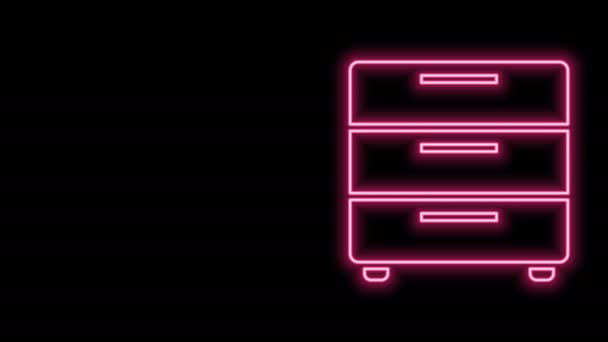 Ragyogó neon vonal Bútorok éjjeliszekrény ikon elszigetelt fekete háttérrel. 4K Videó mozgás grafikus animáció — Stock videók