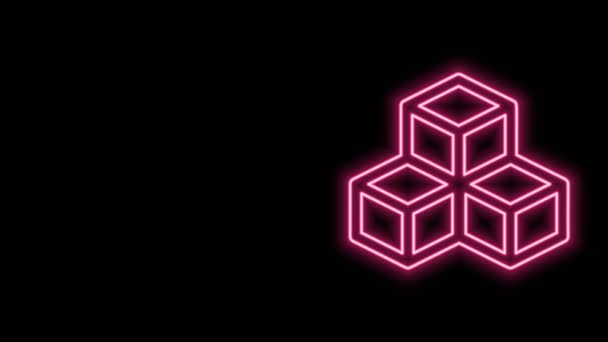 Izzó neon vonal Izometrikus kocka ikon elszigetelt fekete háttérrel. Geometrikus kockák szilárd ikon. 3D négyzet alakú jel. Doboz szimbólum. 4K Videó mozgás grafikus animáció — Stock videók