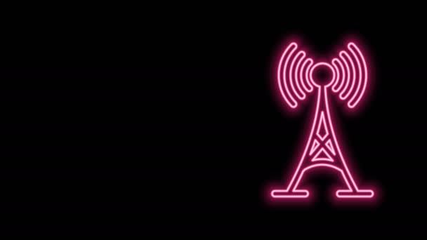 Zářící neonová čára Ikona antény izolovaná na černém pozadí. Rádiová anténa bezdrátová. Technologie a síťová signální rádiová anténa. Grafická animace pohybu videa 4K — Stock video