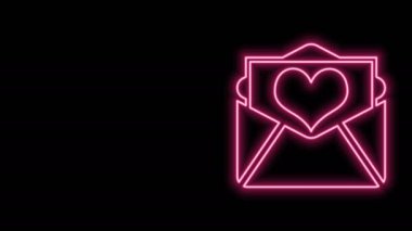 Parlayan neon hattı Zarfın içinde siyah arka planda Valentine 'ın kalp ikonu var. Aşk ve romantizm mektubu. 4K Video hareketli grafik canlandırması