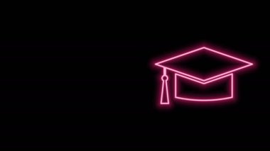 Parlayan neon hattı mezuniyet simgesi siyah arkaplanda izole edildi. Tassel ikonlu mezuniyet şapkası. 4K Video hareketli grafik canlandırması