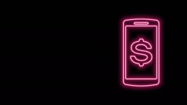 Siyah arkaplanda dolar sembolü olan parlak neon hattı Smartphone. İnternetten alışveriş konsepti. Finansal cep telefonu. Çevrimiçi ödeme. 4K Video hareketli grafik canlandırması