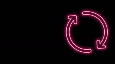 Parlayan neon hattı yenileme simgesi siyah arkaplanda izole edildi. Sembolü yeniden yükle. Döndürme okları daire işareti şeklinde. 4K Video hareketli grafik canlandırması