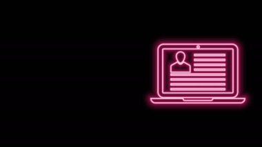 Simgesi siyah arkaplanda izole edilmiş parlak neon hattı dizüstü bilgisayarı. Özgeçmiş başvurusu. Profesyonel personel aranıyor. Personel analizi devam ediyor. 4K Video hareketli grafik canlandırması