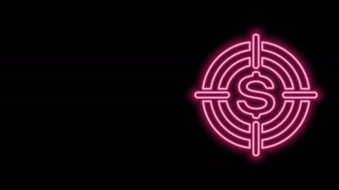 Parlayan neon hattı hedefi siyah arka planda izole edilmiş dolar sembolü simgesi. Yatırım hedefi. Başarılı iş konsepti. Nakit ya da Para işareti. 4K Video hareketli grafik canlandırması