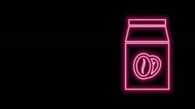 Parlayan neon hattı siyah arka planda izole edilmiş torba ikonundaki kahve çekirdekleri. 4K Video hareketli grafik canlandırması