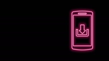 Siyah arkaplanda izole edilmiş indirme simgesi olan parlak neon hattı Smartphone. 4K Video hareketli grafik canlandırması