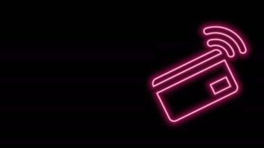 Parlak neon hattı NFC kart simgesi siyah arkaplanda izole edilmiş temassız ödeme. Üzerinde radyo dalgası işareti olan kart. Kredi kartı ödemesi. 4K Video hareketli grafik canlandırması