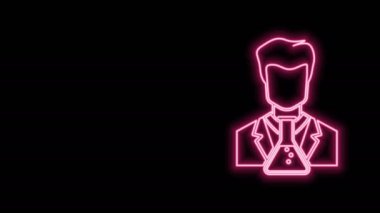 Parlayan neon hattı bilimcisi ve test tüpü ikonu siyah arka planda izole edildi. Kimyager laboratuvar şişesini inceliyor. 4K Video hareketli grafik canlandırması