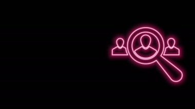 Siyah arkaplanda izole edilmiş bir insan simgesini aramak için parlayan neon çizgi büyüteç. İşe alım ya da seçim konsepti. Çalışanları ve işi ara. 4K Video hareketli grafik canlandırması