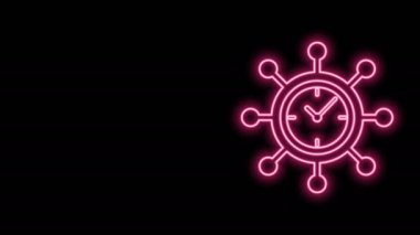 Parlayan neon hat saat ve dişli simgesi siyah arkaplanda izole edildi. Zaman Yönetimi sembolü. İş konsepti. İnbot, çember ve saat gibi sağlam bir ikon. 4K Video hareketli grafik canlandırması