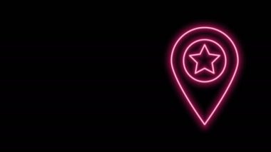 Siyah arkaplanda yıldız simgesi izole edilmiş parlak neon çizgi haritası işaretçisi. Yıldız favori iğne haritası simgesi. Harita işaretleyicileri. 4K Video hareketli grafik canlandırması