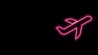 Parlayan neon çizgisi düzlem simgesi siyah arkaplanda izole edildi. Uçan uçak ikonu. Uçak tabelası. 4K Video hareketli grafik canlandırması